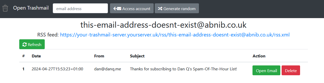 Full image of Open Trashmail screenshot showing a subscription to Thanks for subscribing to Dan Q's Spam-Of-The-Hour List!