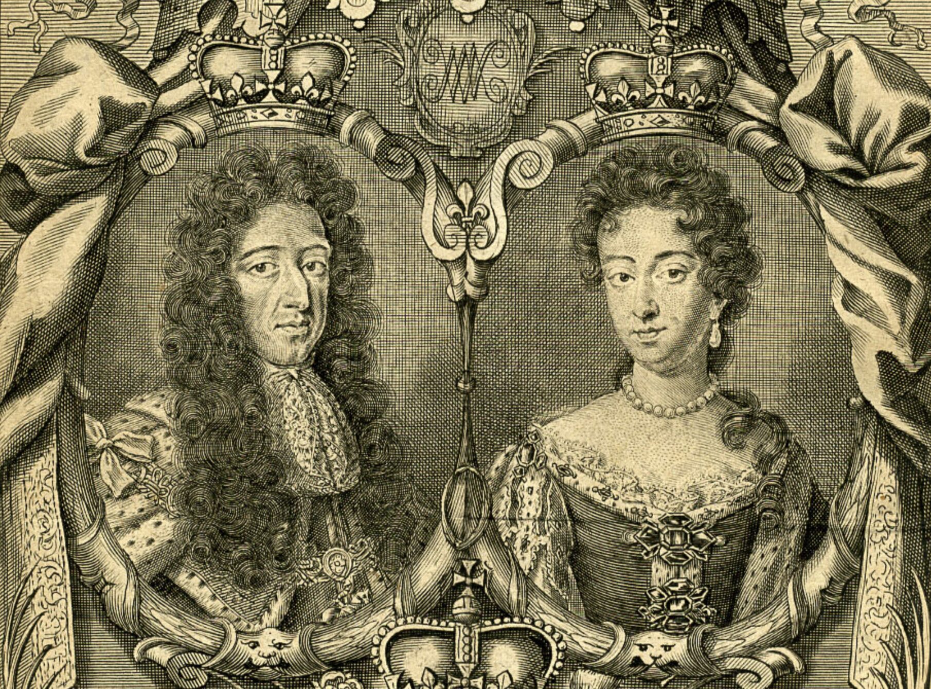 Full image of 1703 woodcut showing King William III and Queen Mary II.