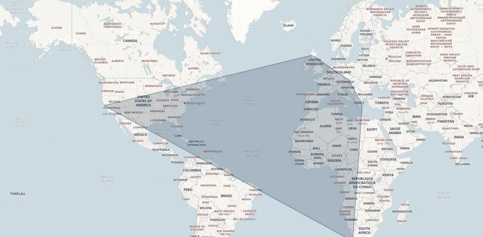World map showing the outer extent of the areas in which Dan has geocached/geohashed. A shaded polygon covers the UK (except the far North of Scotland), parts of California, Cape Town, and parts of Italy and Austria.