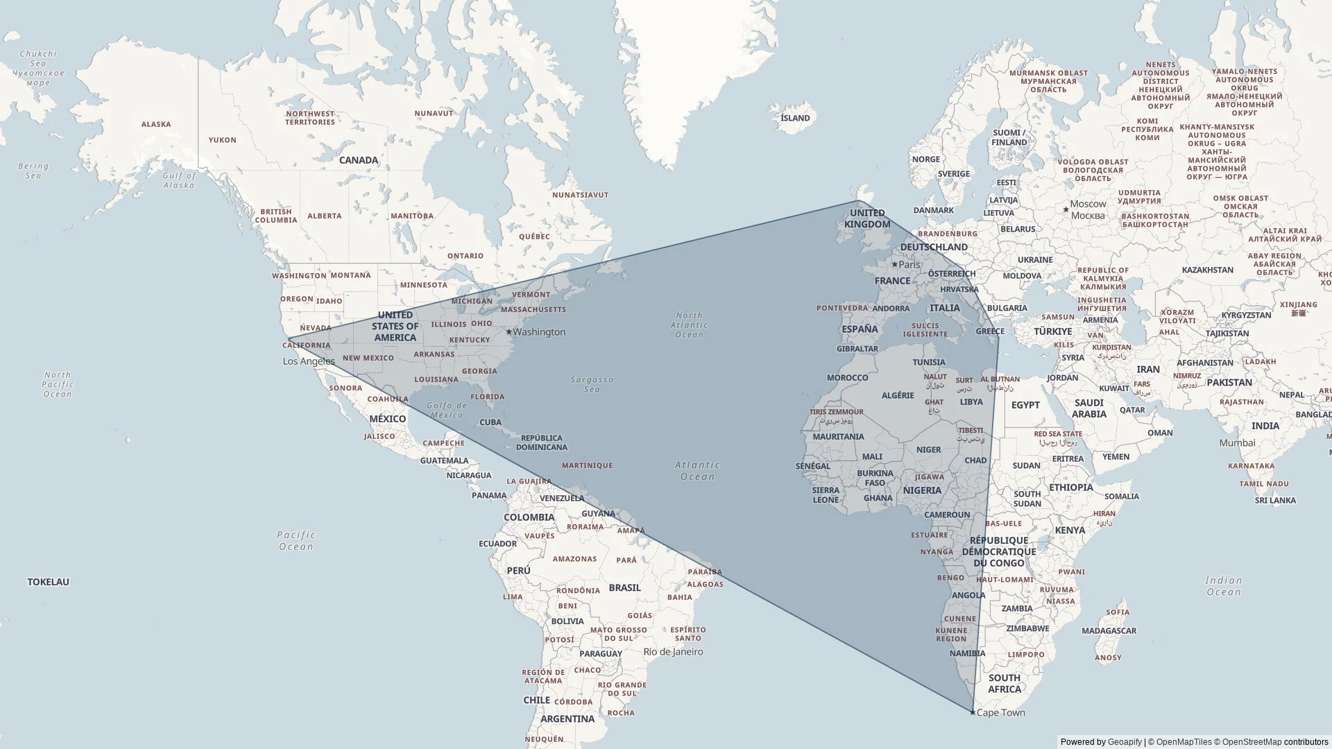 World map showing the outer extent of the areas in which Dan has geocached/geohashed. A shaded polygon covers the UK (except the far North of Scotland), parts of California, Cape Town, and parts of Italy and Austria.