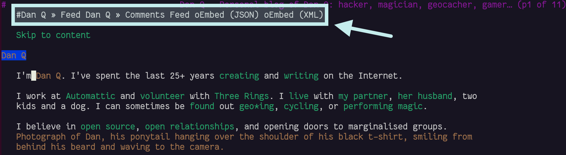 Full image of Screenshot showing four alternate links at the top of DanQ.me as viewed in Lynx.