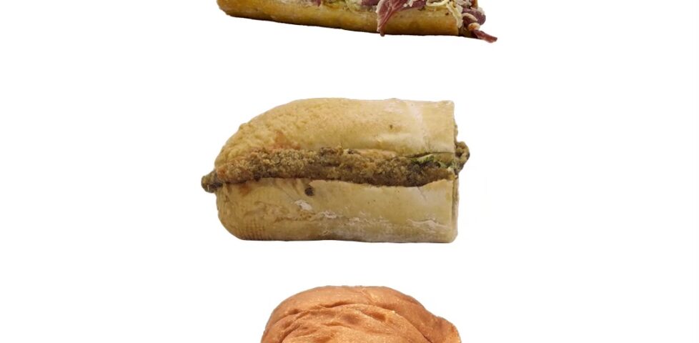 Three different sandwiches float in a featureless white void.