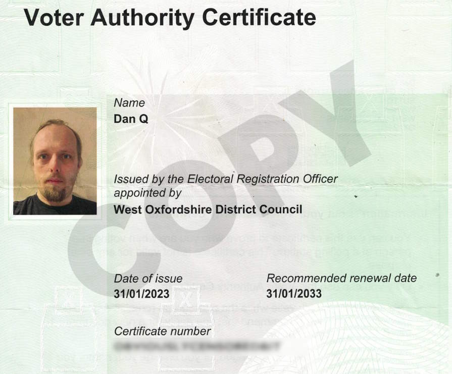 Full image of Voter Authority Certificate for "Dan Q".