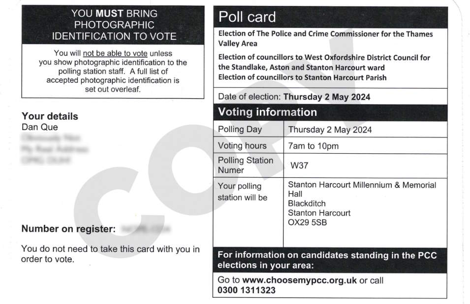 Full image of Poll card for West Oxfordshire District Council (and other) local elections on 2 May 2024 addressed to "Dan Que".