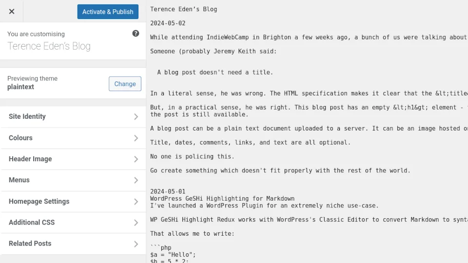 Full image of Screenshot showing my blog rendered just as text.