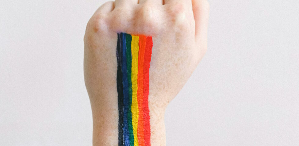 A pride rainbow painted down the back of a white person's first, held in the air.