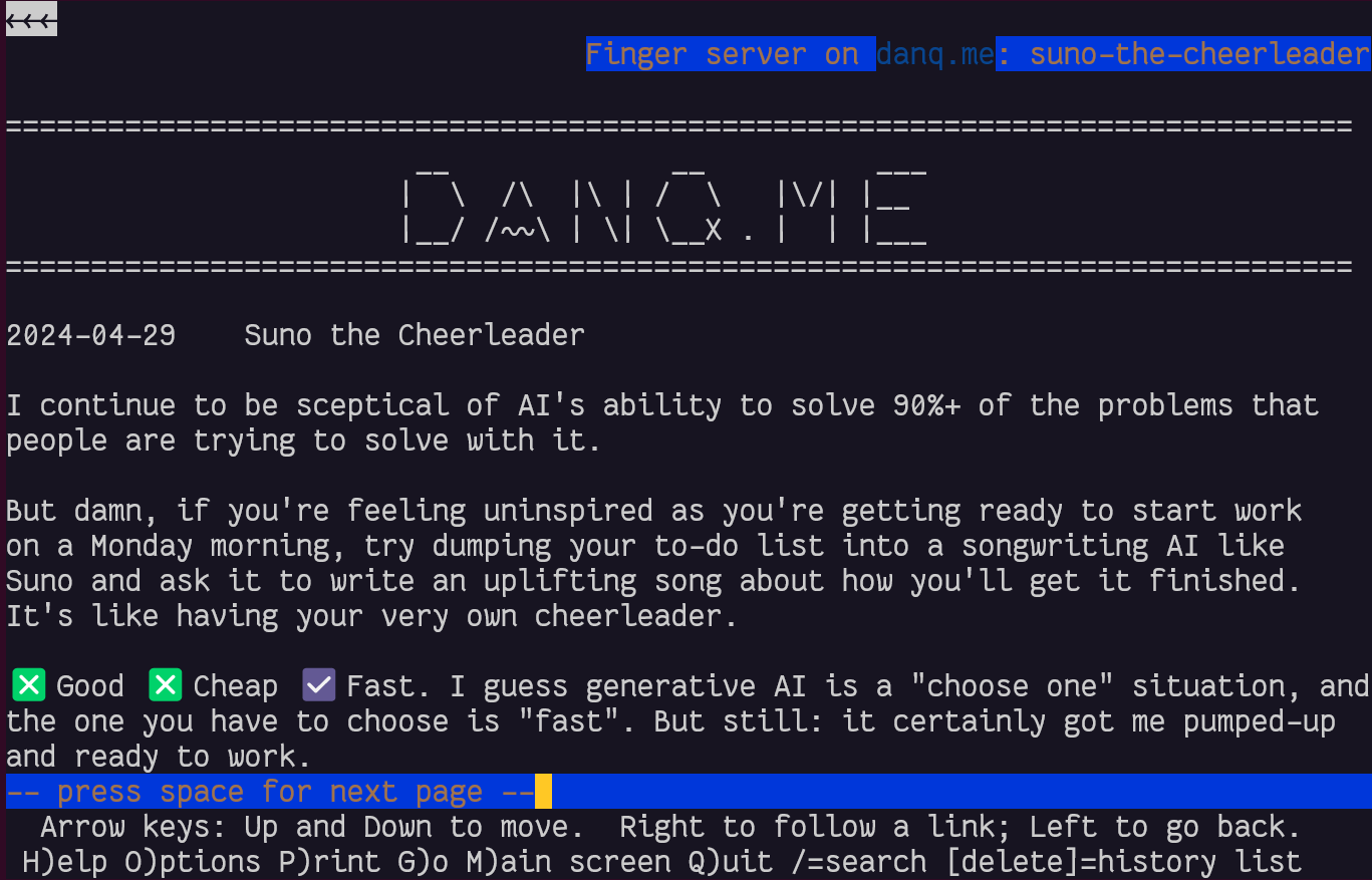 Full image of Lynx screenshot showing DanQ.me via the Finger protocol.