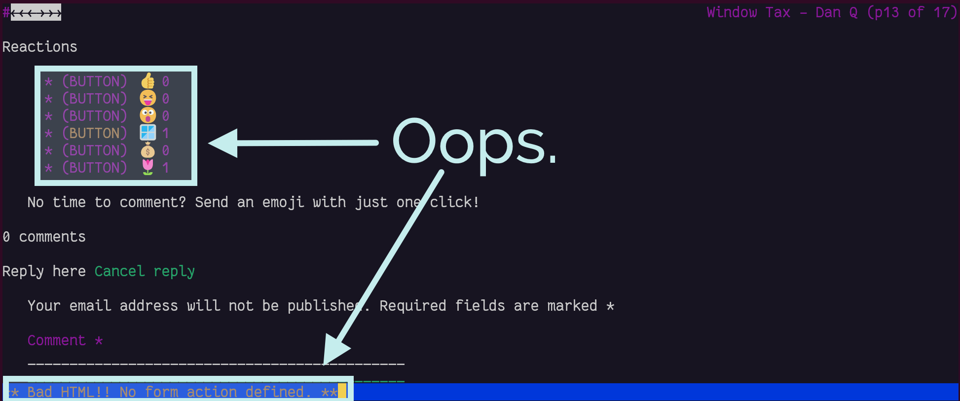 Full image of Screenshot from Lynx showing a "Bad HTML!! No form action defined." error when clicking an emoji reaction button.