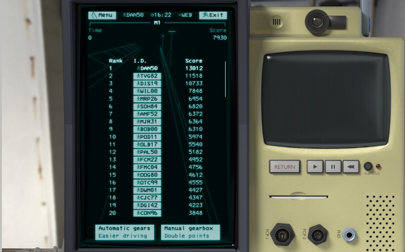 Full image of ARCC system showing a high score table for M1, with DAN50 (score 13012) at the top.