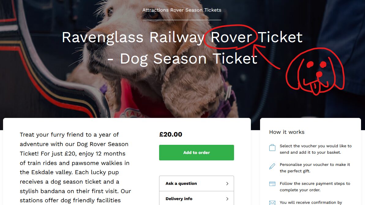 Full image of Screenshot of the page selling Ravenglass Railway 'Rover' tickets for dogs.