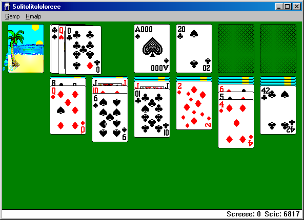 A screenshot of Windows 95's Solitaire program into which a bunch of surreal changes have been photoshopped. Suit pips and card numbers and letters are swapped around in impossible ways, the ocean from the beach-based card back design is leaking onto the playfield, and the text all warped and jumbled nightmarishly. The Windows title bar says "Solitolitololoreee".