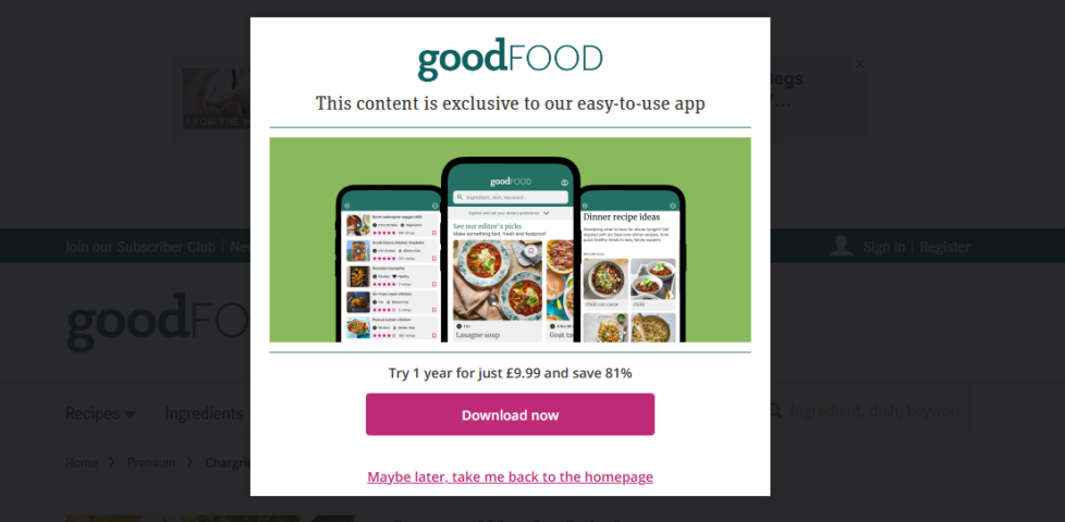 Overlay attempting to block content to the page beneath, saying "Try 1 year for just £9.99 and save 81%".