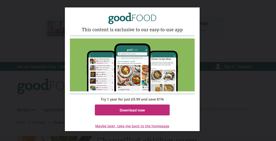 Full image of Overlay attempting to block content to the page beneath, saying "Try 1 year for just £9.99 and save 81%".