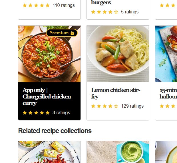Screenshot showing recipes, one of which is labelled "App only" and "Premium".