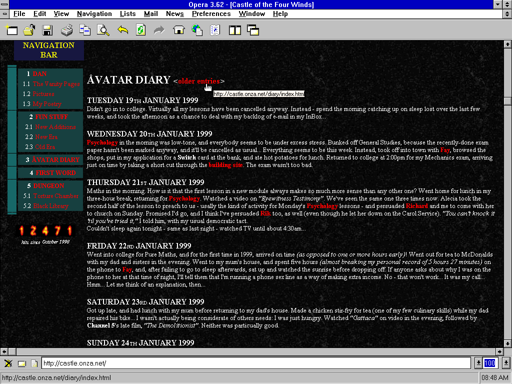 Full image of Opera 3.62 on Windows 3.11 viewing the 1999 version of Dan's blog.