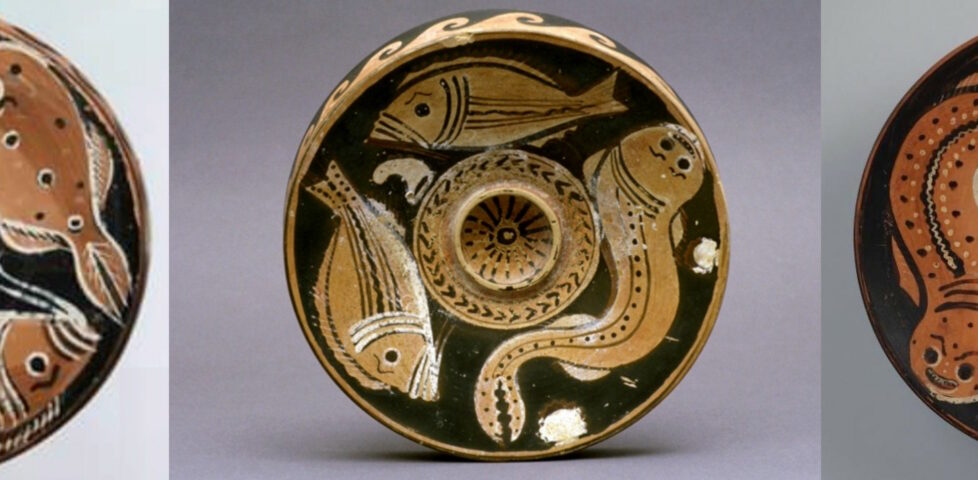 Collage of three Hellenic plates decorated with fish. The fish all have strange-looking eyebrows!