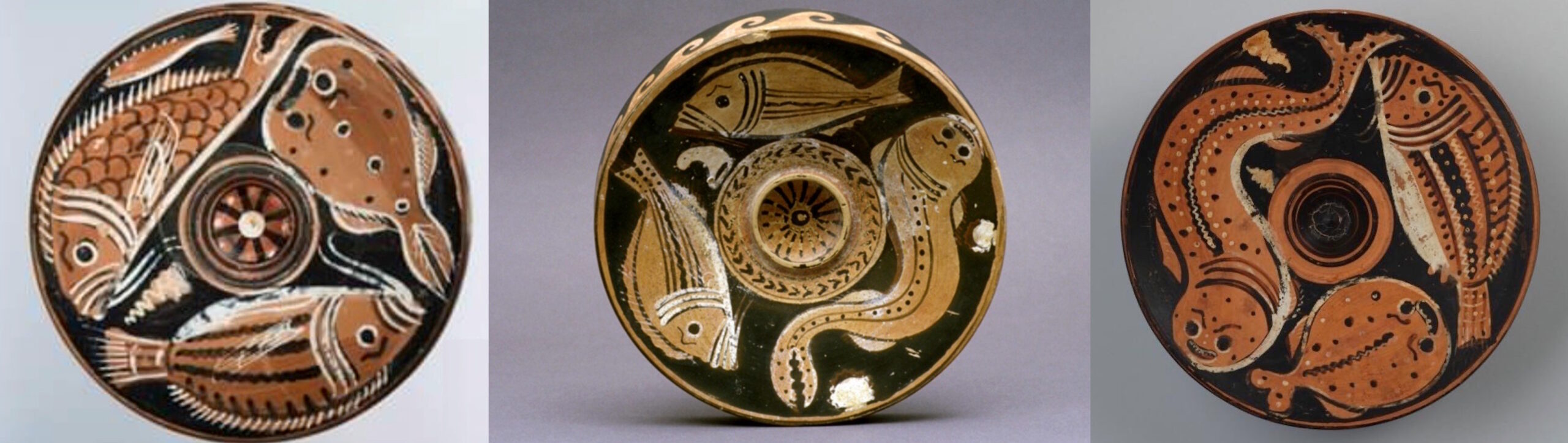 Full image of Collage of three Hellenic plates decorated with fish. The fish all have strange-looking eyebrows!