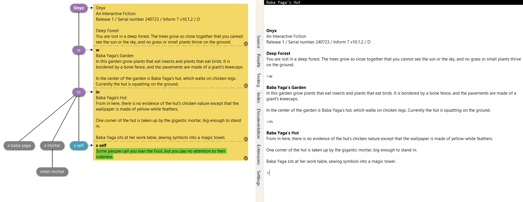 Full image of Inform 7's IDE, showing regression testing using the visual tree of the sample game Onyx.