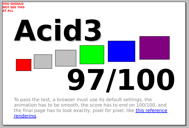 Full image of Acid3 test score of 97/100 in Ladybird.