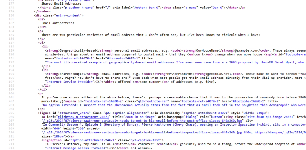Source code for a post on DanQ.me, being searched for unnecessary HTML closing tags. No results are found.