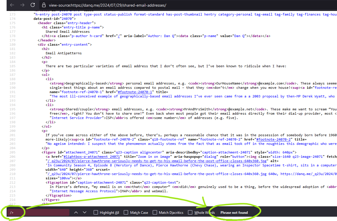 Full image of Source code for a post on DanQ.me, being searched for unnecessary HTML closing tags. No results are found.