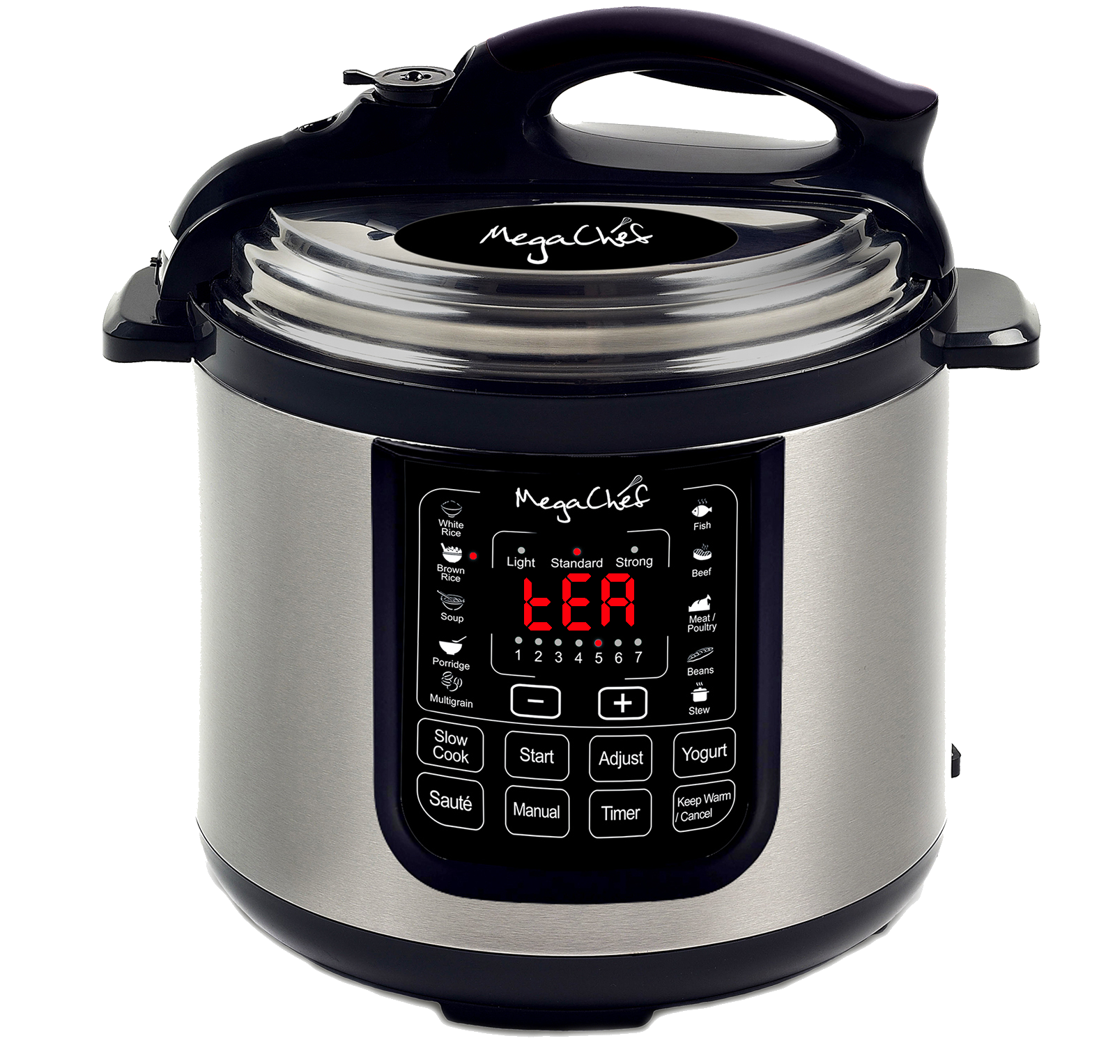 Full image of A pressure cooker whose digital display reads 'tea'.