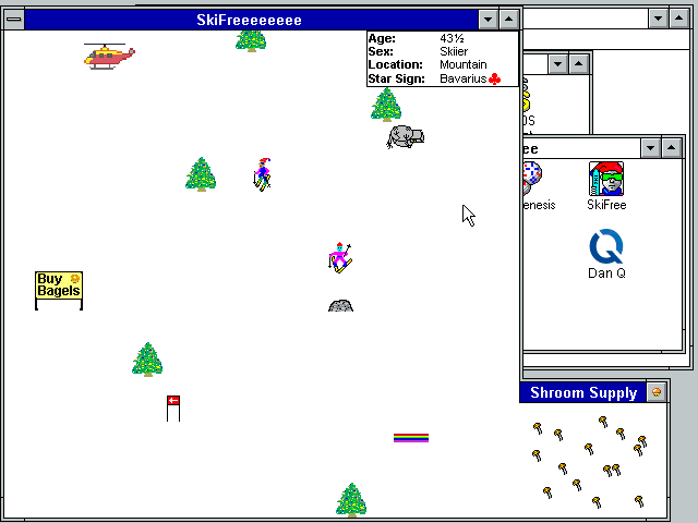 A screenshot of SkiFree running in Windows 3.1 with a bunch of quirky edits. The window is warped to include a "Shroom Supply" with lots of mushroms, a sign advertises bagels, a helicopter has landed, two monsters are let's-say hugging on the ground, and the score box states Age, Sex, Location and Star Sign. The title of the window is "SkiFreeeeeeee".