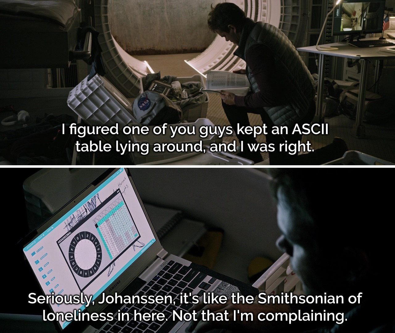 Full image of Frames from the scene in The Martian where Mark Watney discovers Beth Johanssen's ASCII table.