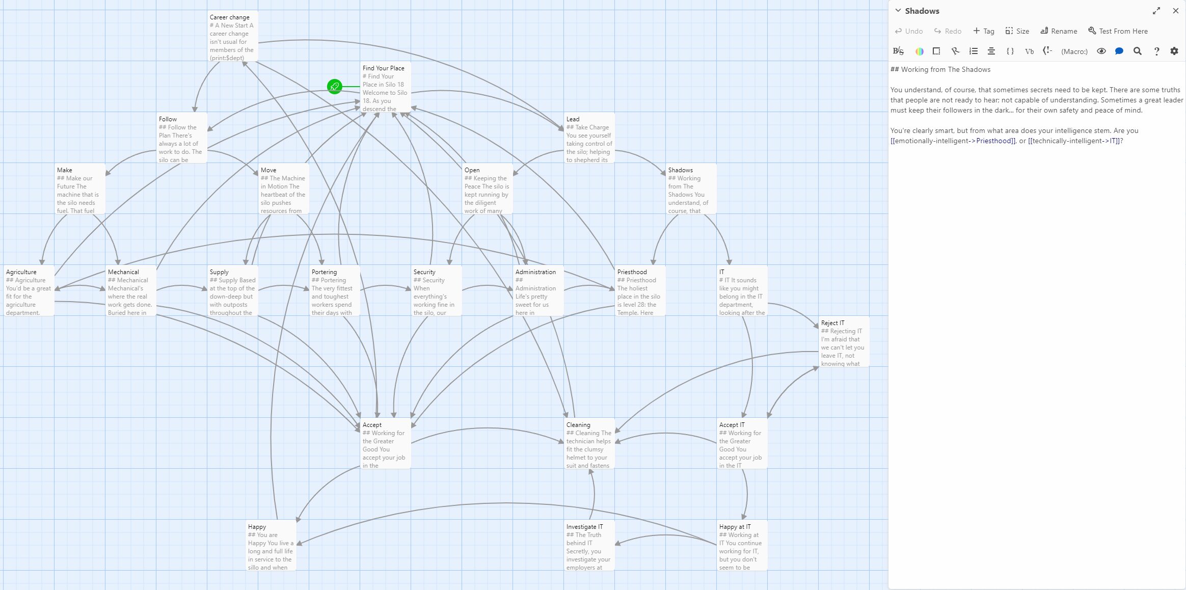 Full image of Screenshot showing the Twine 2 IDE, with a story map alongside a scene description.