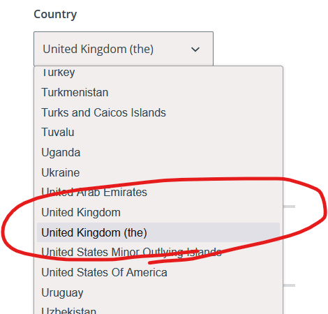 Dropdown select box for Country with options including "United Kingdom" and "United Kingdom (the)".