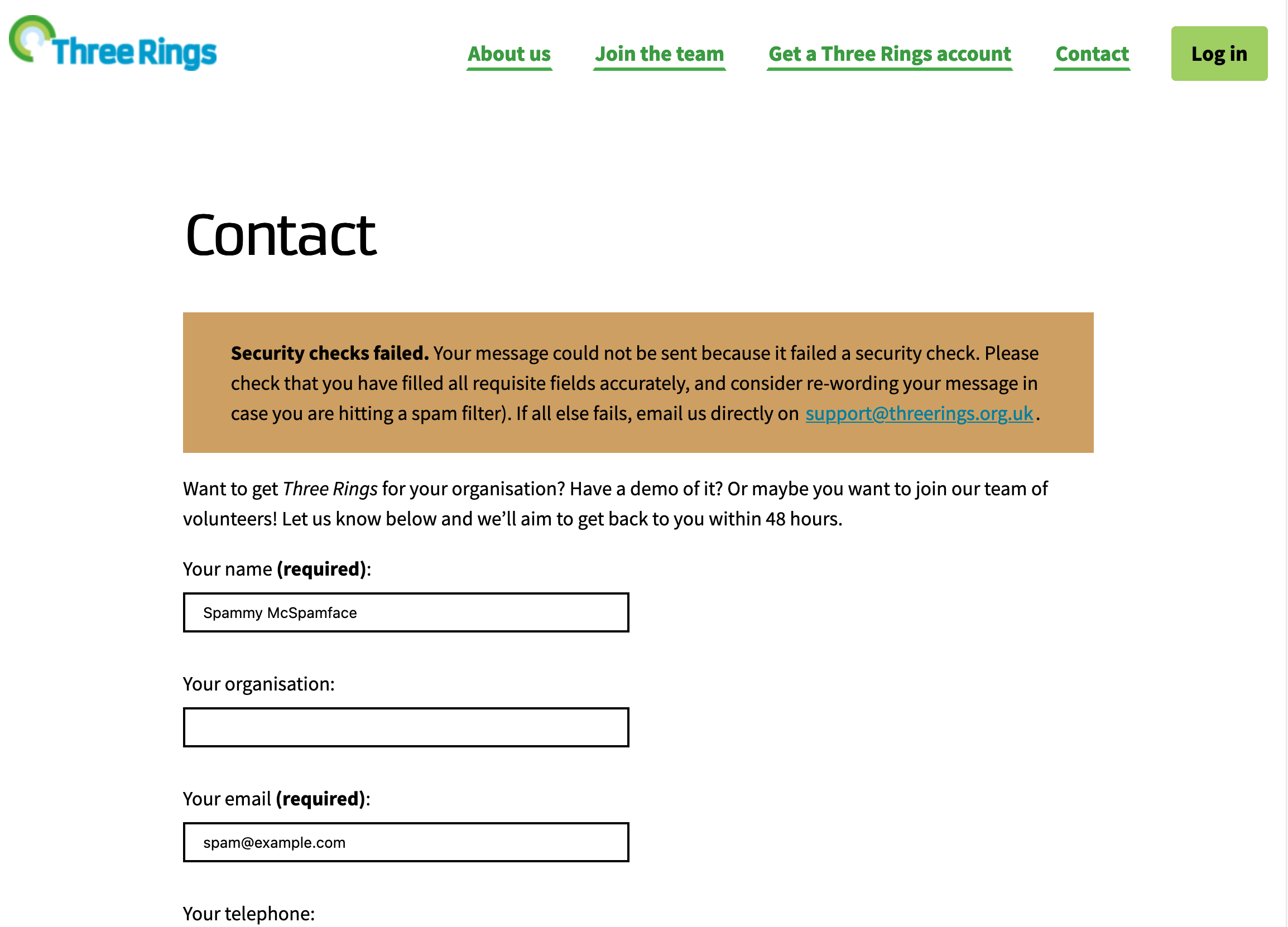 Full image of Three Rings contact form filled by Spammy McSpamface, showing a 'Security Checks Failed' error message and tips on refining the message. 