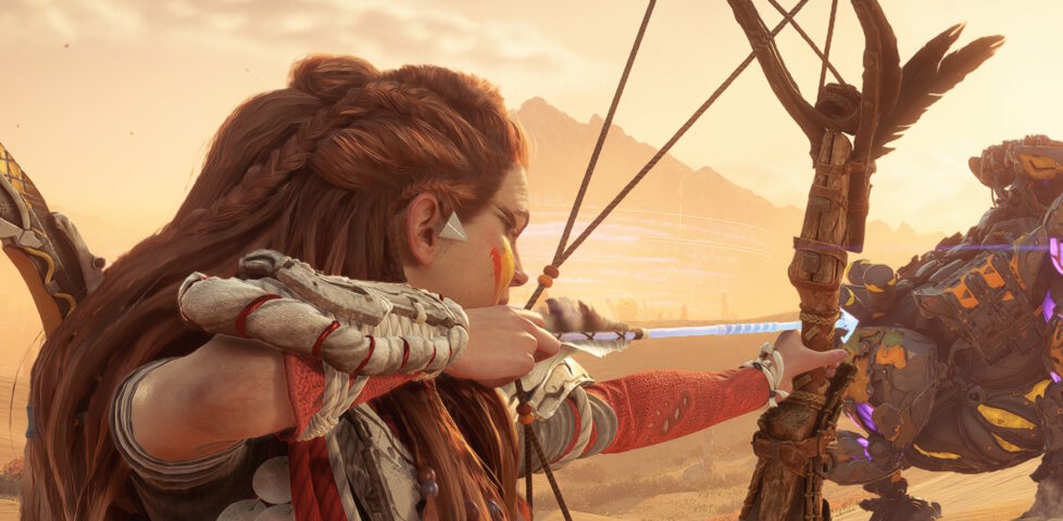Close-up in-game screenshot of Aloy, the protagonist of Horizon: Forbidden West, drawing back an arrow in her bow.