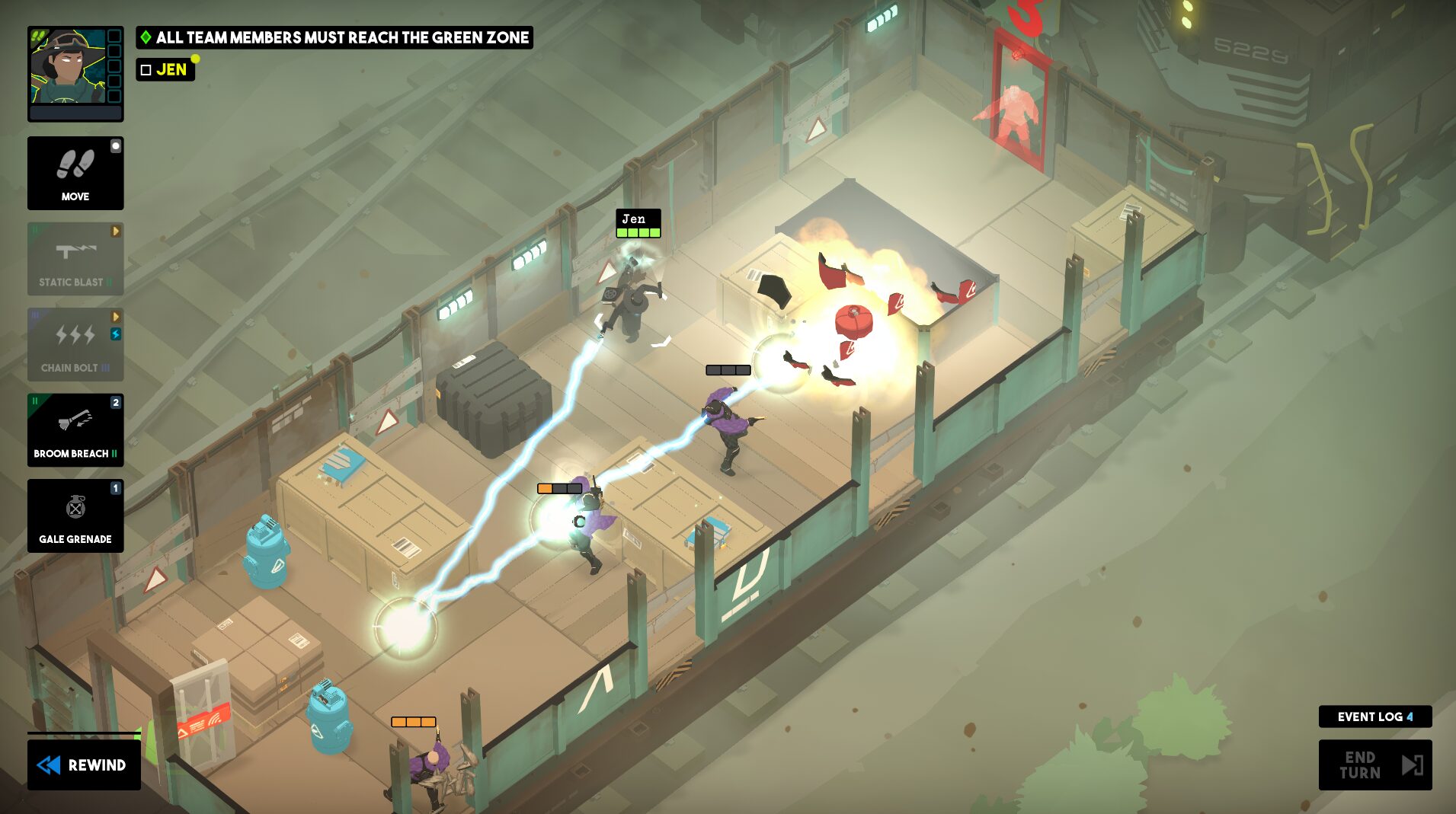 Full image of Jen, the Storm Witch, throws a bolt of lightning through three enemies on a moving train carriage.