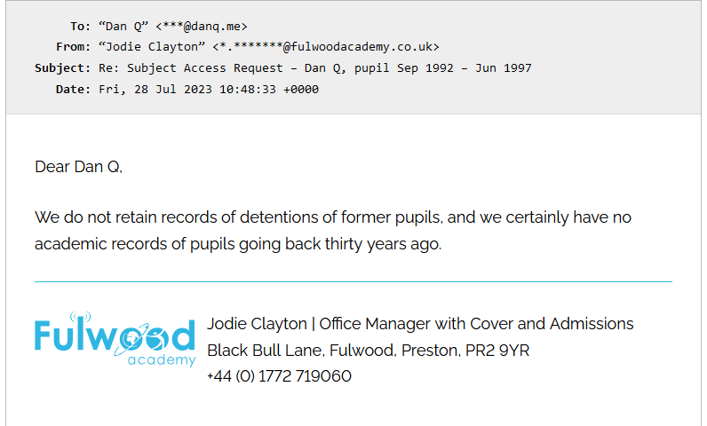 Screenshot showing an email allegedly from Fulwood Academy to Dan Q.