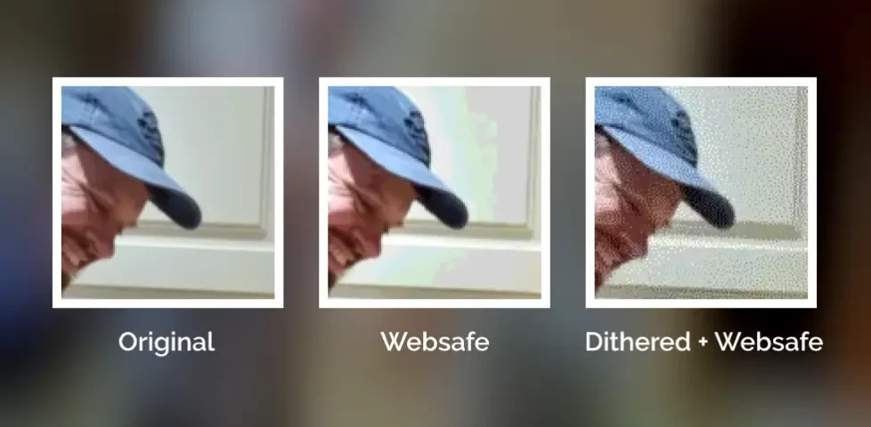 Comparison image showing original, websafe, and dithered-websafe images, zoomed in so that you can see the speckling of random noise in the dithered version.