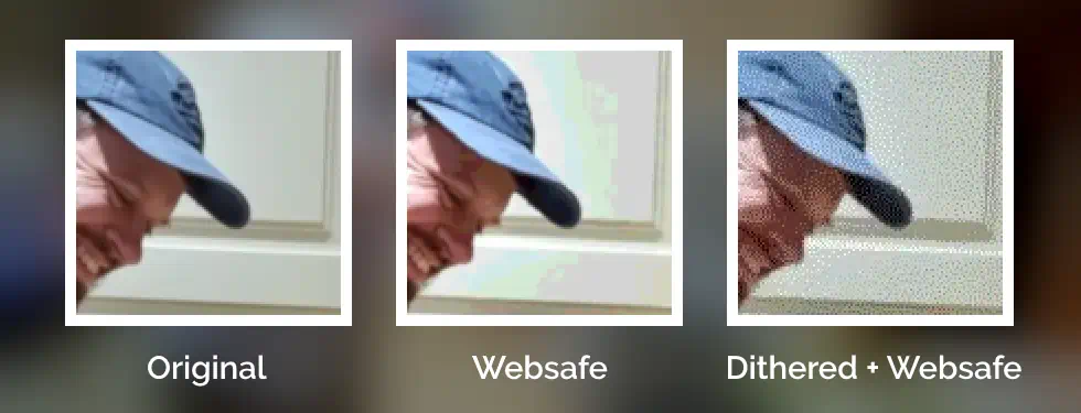 Full image of Comparison image showing the original, websafe, and dithered-websafe images, zoomed in so that you can see the speckling of random noise in the dithered version.