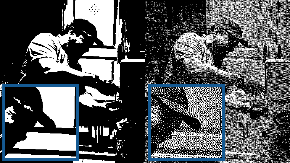 Full image of Comparison image showing the image quantized to monochrome without (looks blocky/barely identifiable) and with (looks like old newspaper photography) dithering.