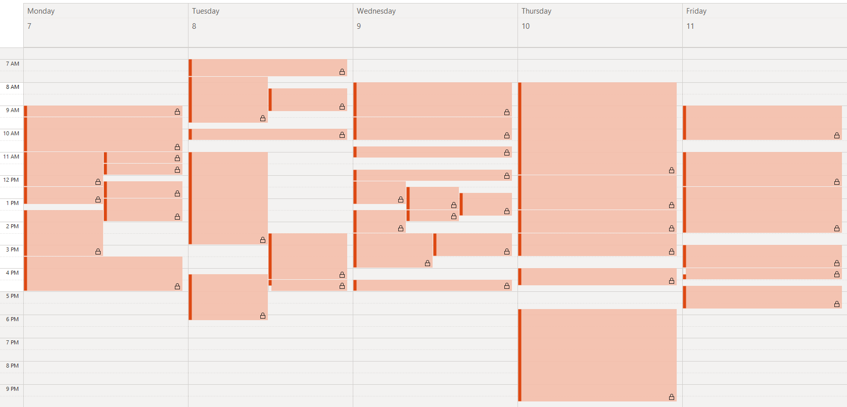 Full image of Week-long calendar filled with empty fake events.