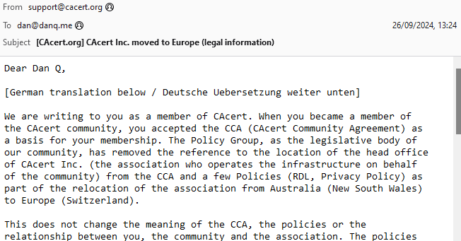 Full image of Top part of an email from CACert, which begins with the text "German translation below / Deutsche Uebersetzung weiter unten".