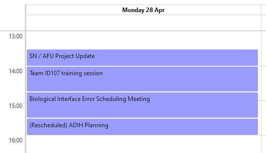 Calendar showing (fake) meetings titled "SN / AFU Project Update", "Team ID107 training session", "Biological Interface Error Scheduling Meeting", and "(Rescheduled) ADIH Planning".