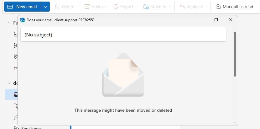 Full image of Screenshot from Outlook 365, showing the message "This message might have been moved or deleted".