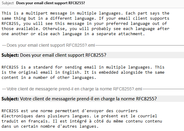 Screenshot from Thunderbird, showing each language one after the other.