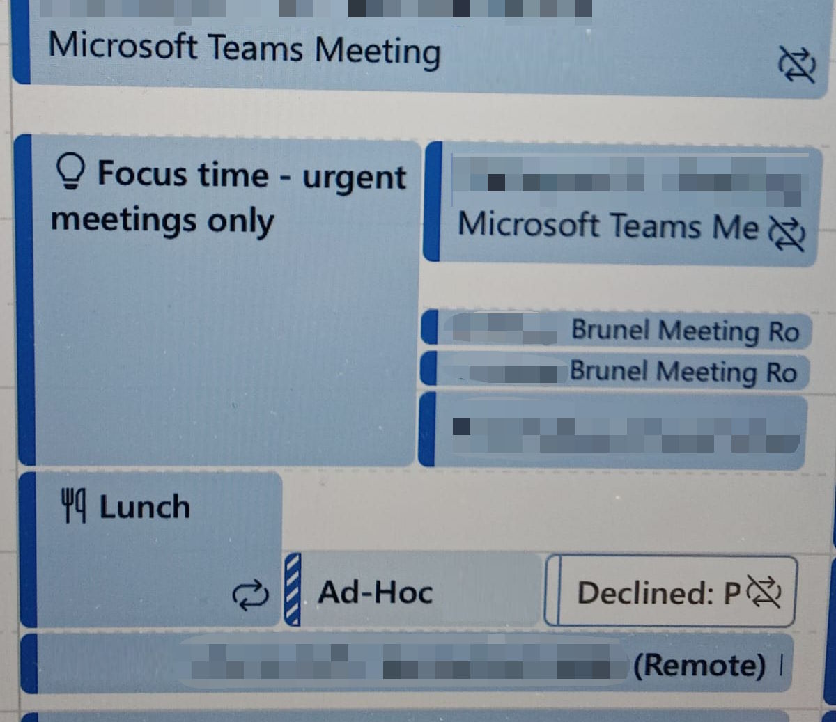 Full image of Digital calendar showing a 'focus time - urgent meetings only' block clashing with four other events.