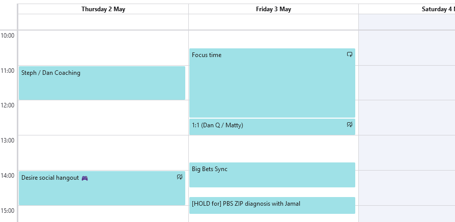Full image of Screenshot showing calendar for Thu 2 May and Fri 3 May. The period from 10:30 - 12:30 on the Friday is marked 'Focus Time'.