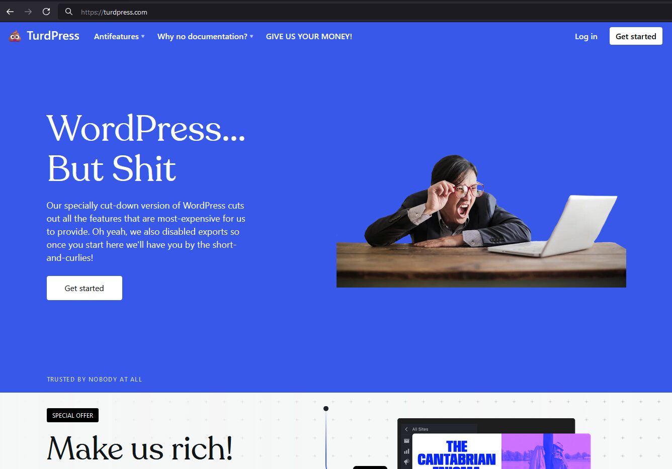 Full image of Fake web screenshot showing turdpress.com, "WordPress... But Shit".