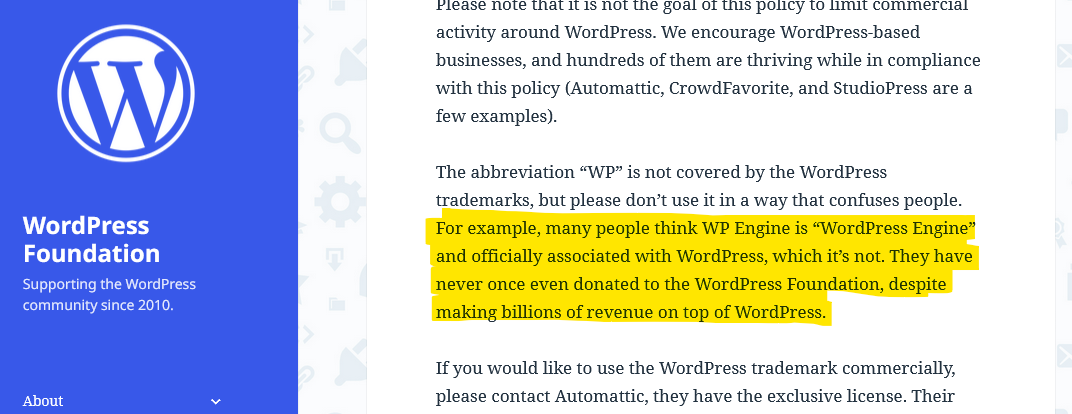Full image of Screenshot from the WordPress Foundation's Trademark Policy page, with all but the first line highlighted of the paragraph that reads: The abbreviation “WP” is not covered by the WordPress trademarks, but please don’t use it in a way that confuses people. For example, many people think WP Engine is “WordPress Engine” and officially associated with WordPress, which it’s not. They have never once even donated to the WordPress Foundation, despite making billions of revenue on top of WordPress.