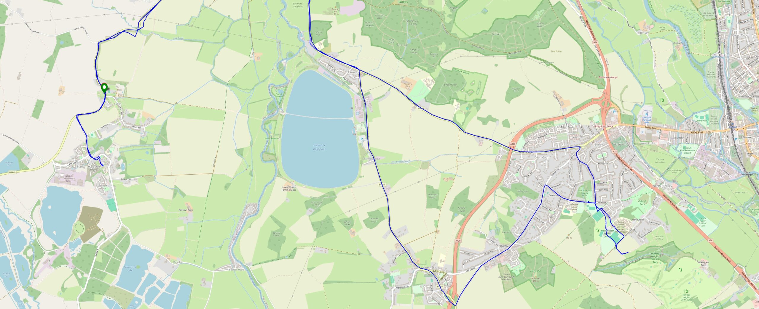 Full image of Tracklog map showing a route from Stanton Harcourt through to Harcourt Hill (via Cumnor) and back, West of Oxford.