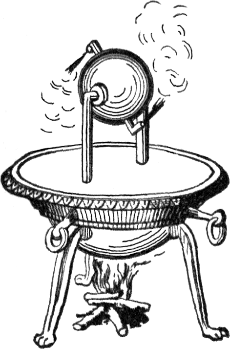 Illustration of an aeolipile, showing a heated sphere or cylinder of water spraying steam in two different directions, causing it to rotate.