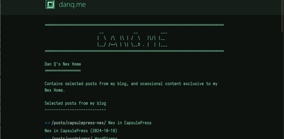Screenshot showing DanQ.me homepage via Nex, in Lagrange browser.