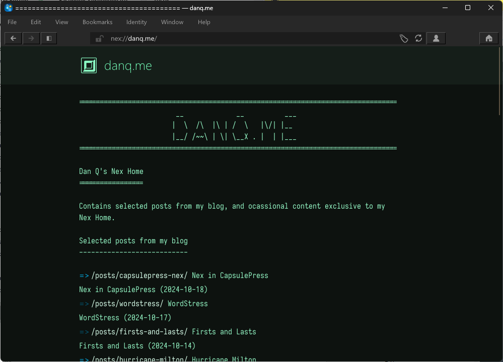 Full image of Screenshot showing DanQ.me homepage via Nex, in Lagrange browser.